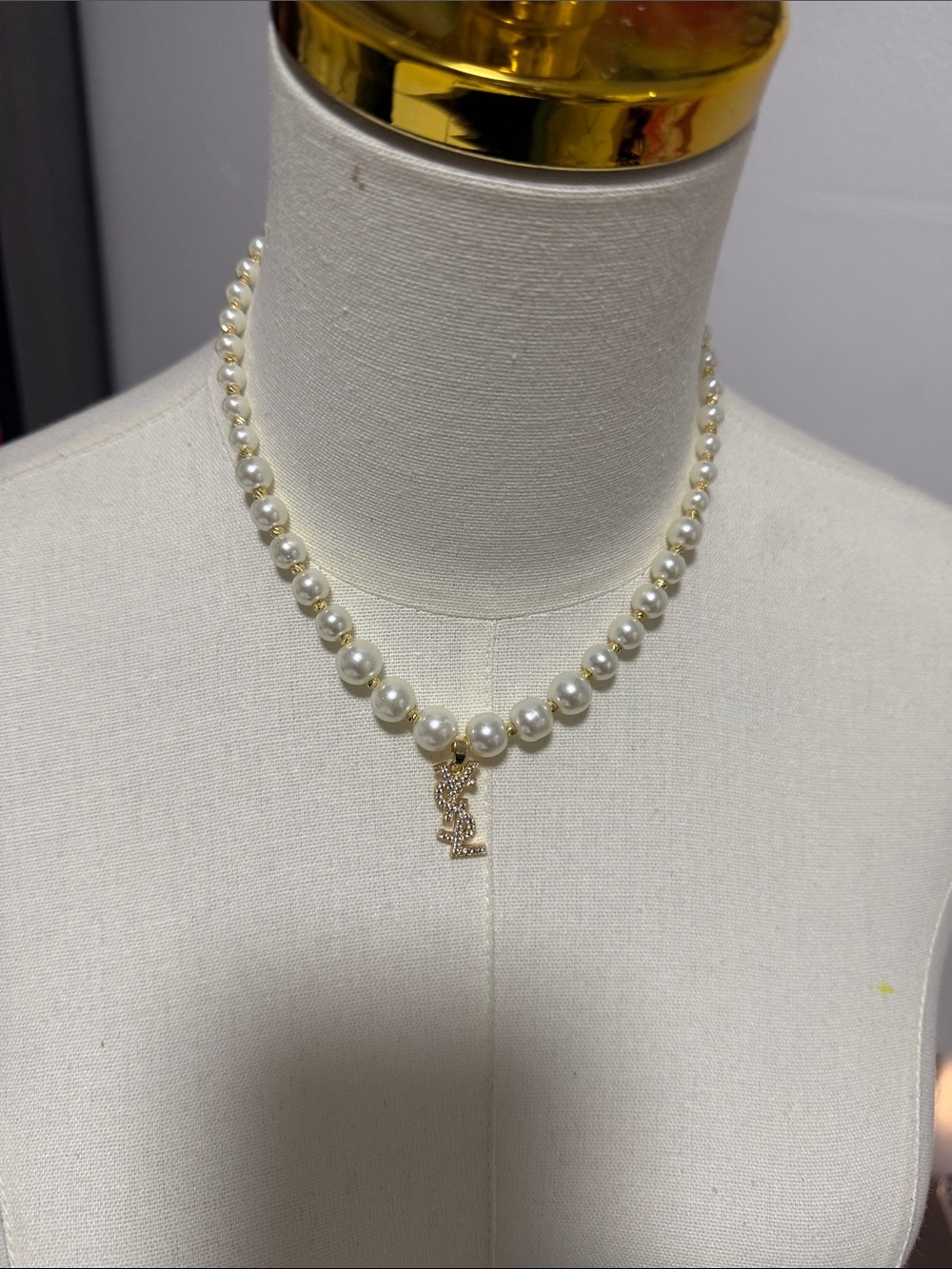 Pearl Bead Necklace with Gold Y Pendant - White